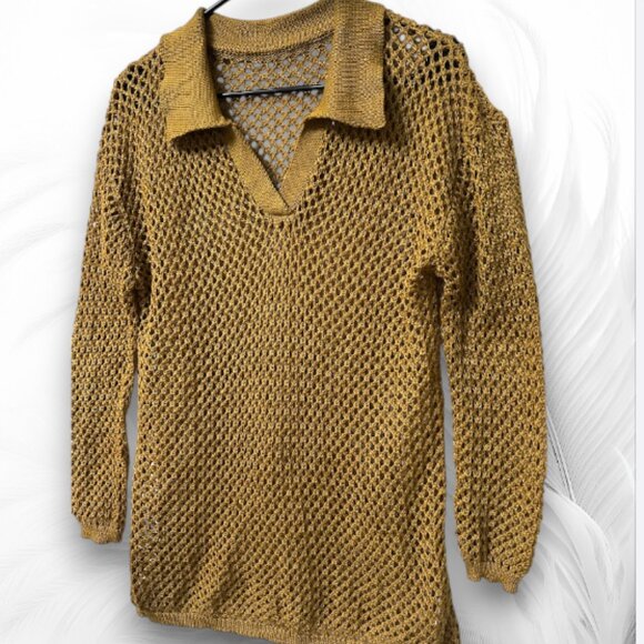 New Mustard Open Knit Sweater with Collar Size: M - Picture 4 of 8